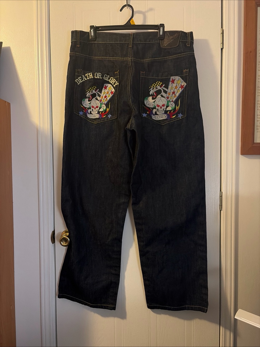 Ed Hardy Death Or Glory Skull Embroidered Baggy Jeans Size 40 Y2K
